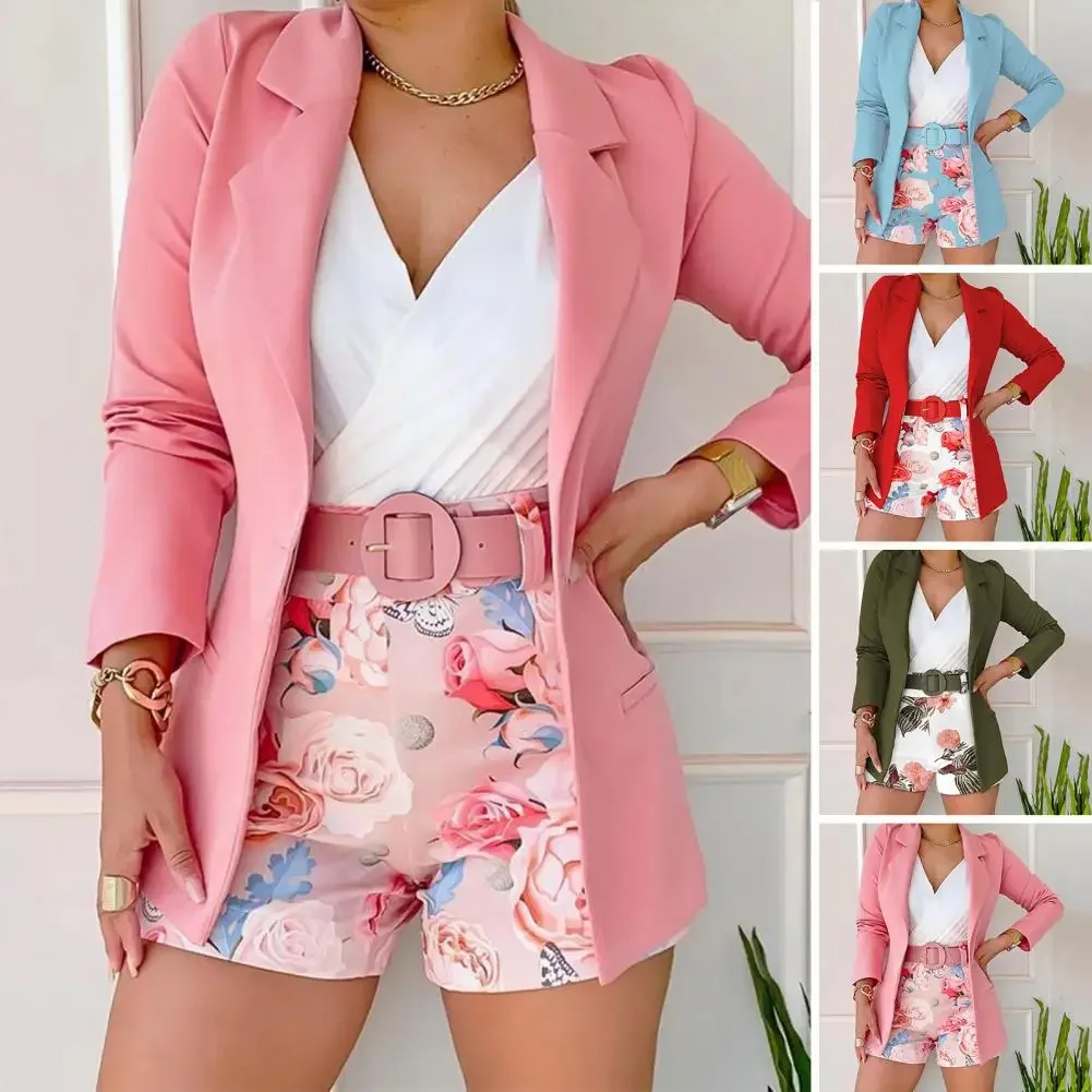 2 Pcs/Set Women Blazer Shorts Set Flower Print Suit Coat Shorts Suit Solid Color Coat Long Sleeves Lady Outfit Set For Daitng