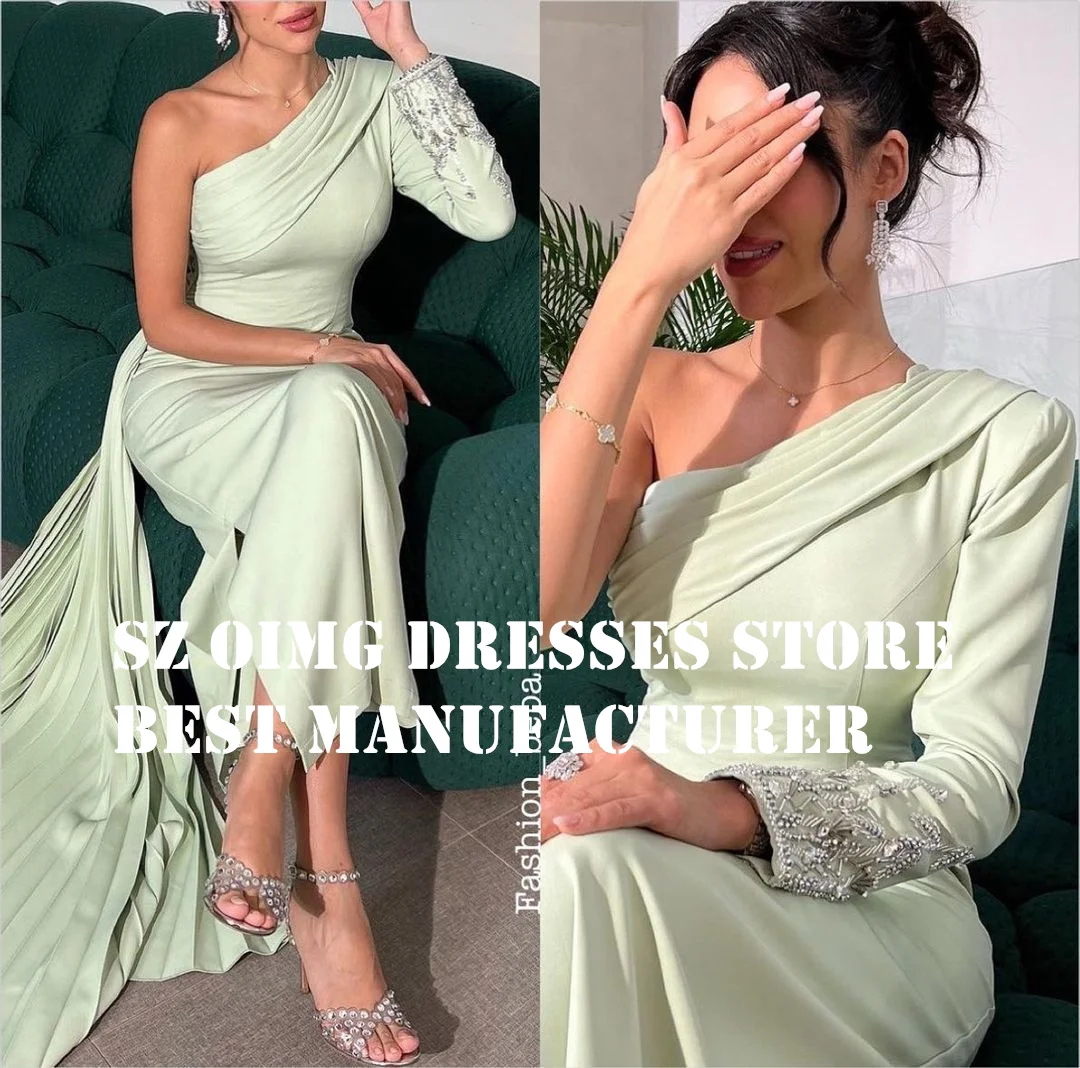 

OIMG Prom Dresse Arabic Long Sleeves One-Shoulder Green Crystals Ruched Sheath Satin Women Evening Gowns Formal Party Dress