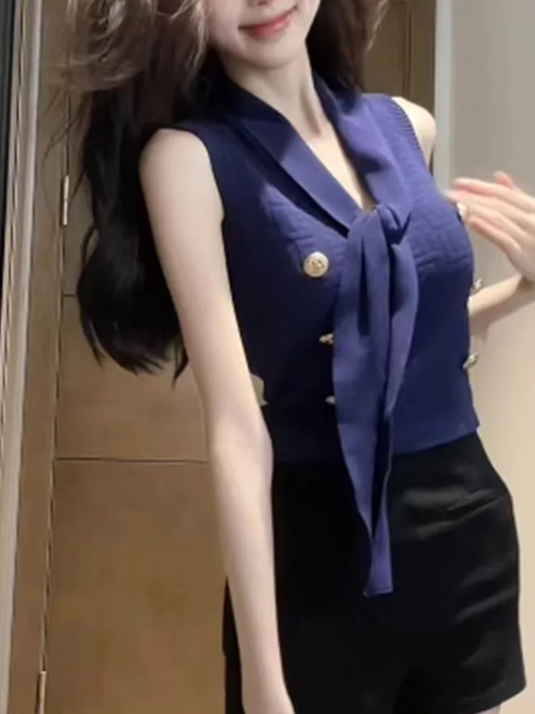 Nuevo chaleco sin mangas de punto con cuello en V para mujer, jersey de doble botonadura con cordones y cuello elegante, ropa de moda para mujer