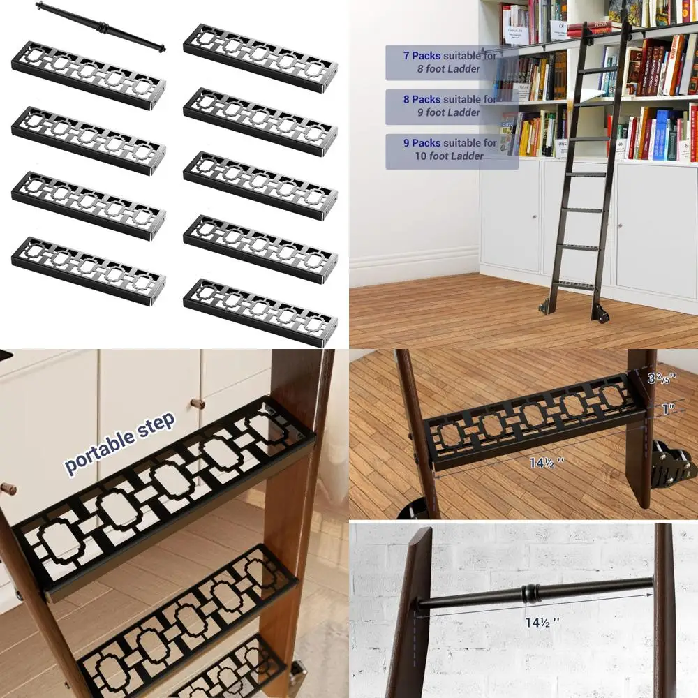 Gradini per scale da biblioteca in acciaio in stile vintage, kit di accessori da 9 pezzi, hardware con finitura nera per scale di libri
