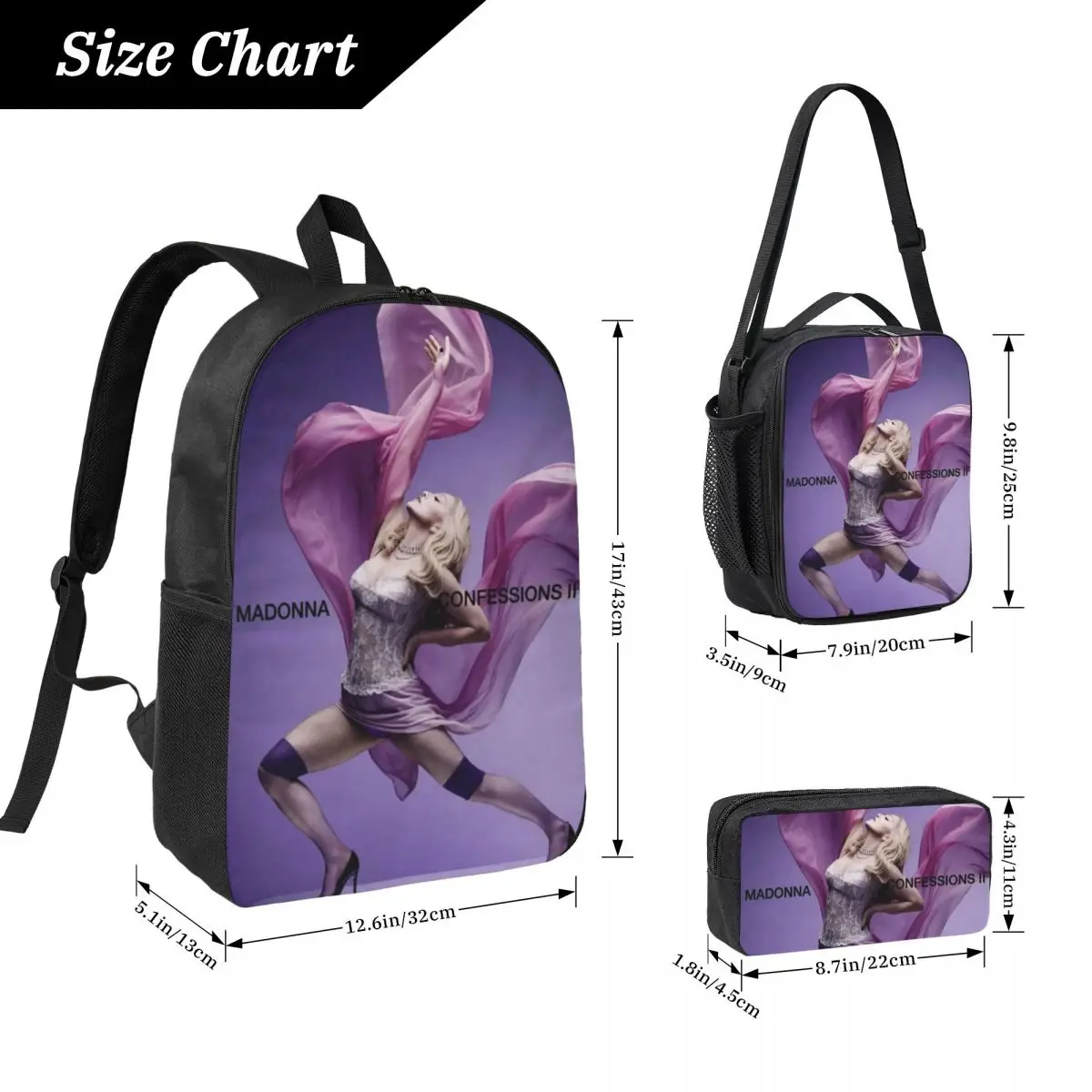 3Pcs Madonnas Confessions II 2026 Backpack Set for Kids Pen Bags Bookbag Sets with Lunch Box For School Students Daypack