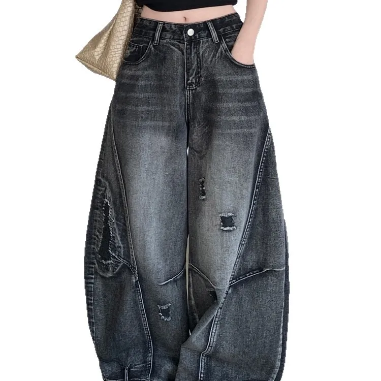 Y2K Black Worn Out Womens Jeans High Waist Vintage Straight Baggy Denim Pants Street American Wide Leg Denim Trouser