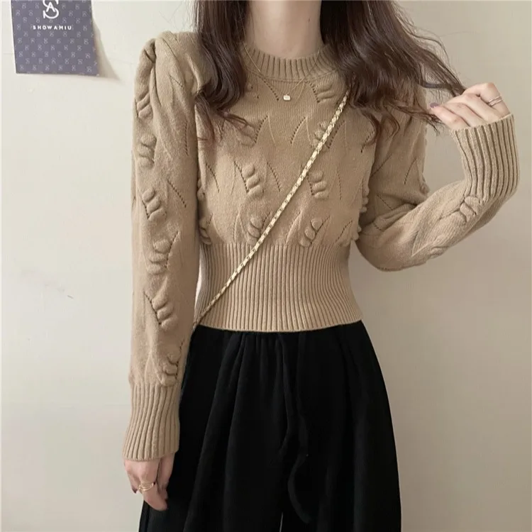 

Autumn Winter Korean Sle Hollow out Knitted Bubble Sve Vintage Waist Cinching Slimming Knitwear Ele Sweater