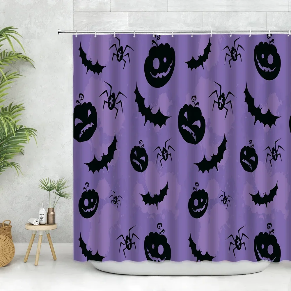 Skull Shower Curtain Halloween Theme Bathroom Decoration Pumpkin Bat Pattern Bathroom Curtain Polyester Fabric Hook Washable