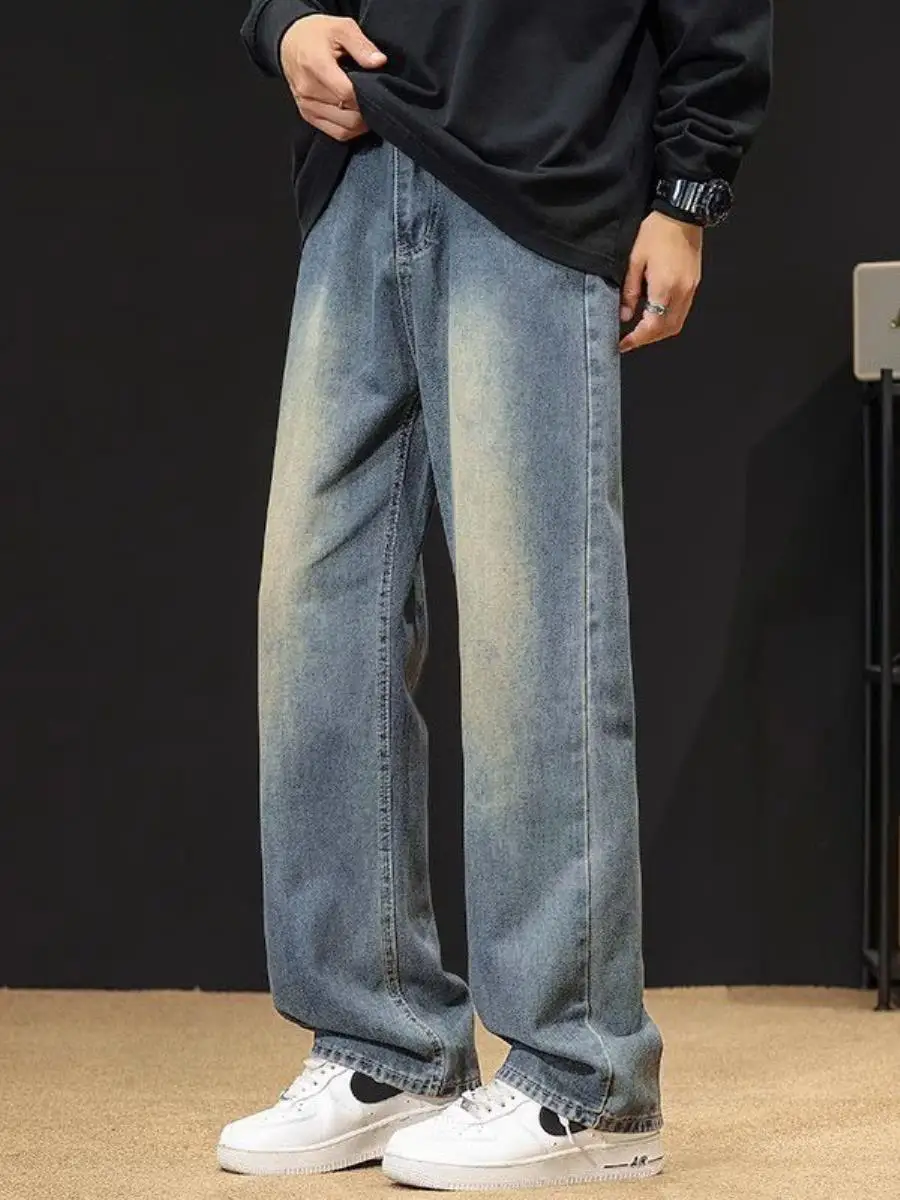 

Retro American Denim Jeans Men's Spring Autumn Loose Straight Leg Waed adient Design Vintage Straight Leg Jeans