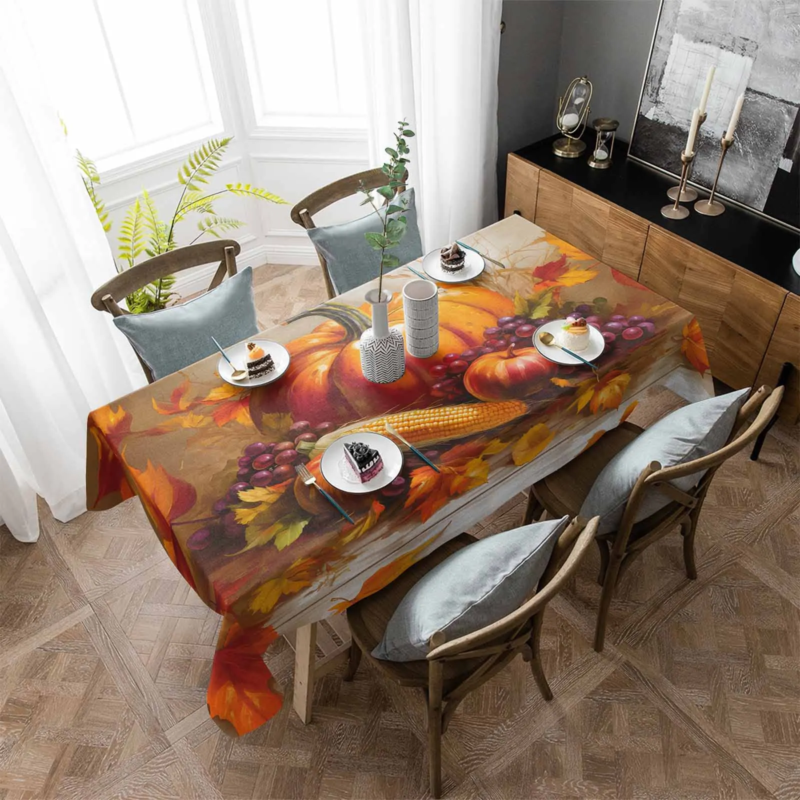 

Autumn Pumpkin Maple Leaves Tablecloth Waterproof Dining Table Rectangular Round Table Cover Home Kitchen Decoration