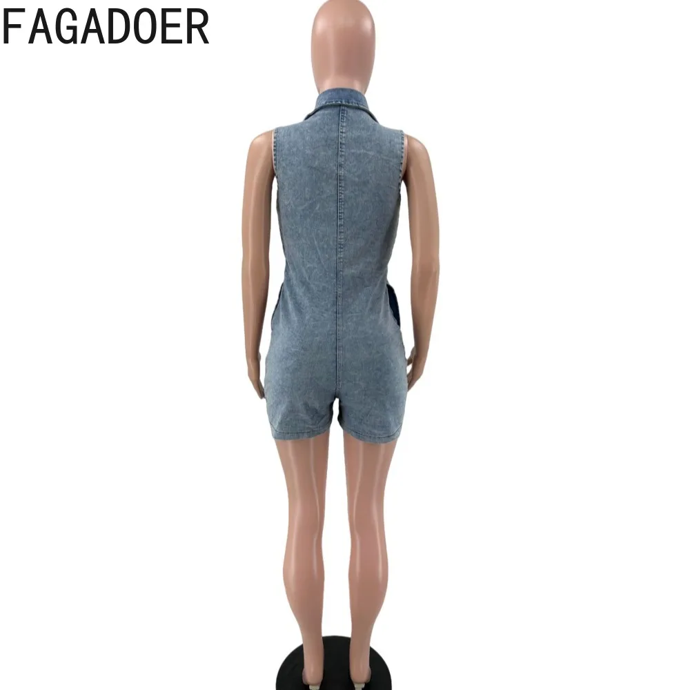 FAGADOER Blue Fashion Elasticity Solid Denim Rompers Women Turndown Collar Button Sleeveless Pocket Jumpsuits Female Overalls