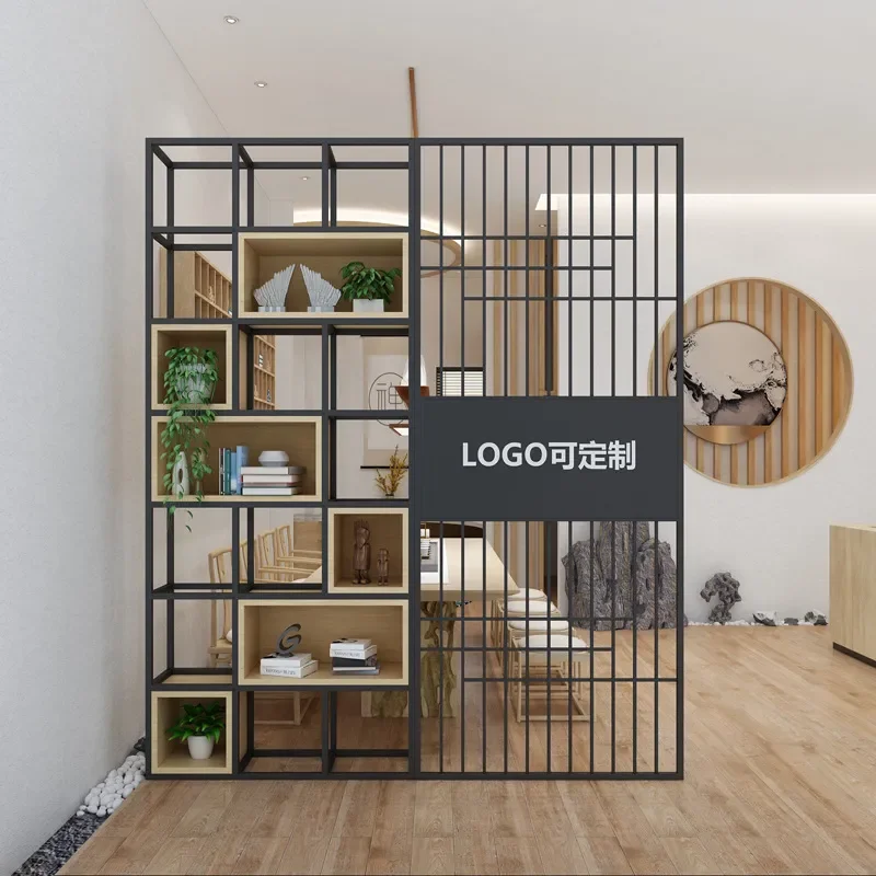 for Wrought Iron Screen Partition Decorative Shelf Solid Wood Bookshelf Flower Stand Porch Display Stand Office Front Desk