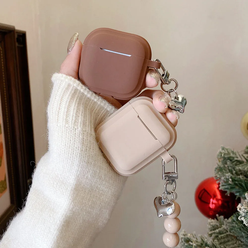 

For Airpods 4 2024 Earphone Case For Apple Pro 2 1 3 Brown Soft Silicone Protective Earphone Case Girl With Love Heart Pendant