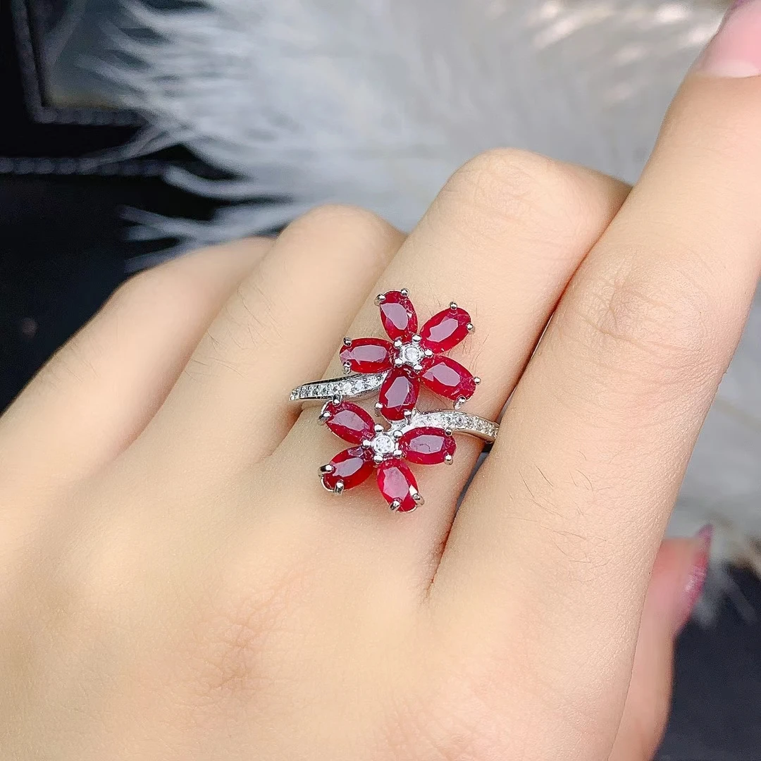 MeiBaPJ Natural New Burning Ruby Gemstone Fashion Double Flower Ring for Women Real 925 Sterling Silver Fine Wedding Jewelry