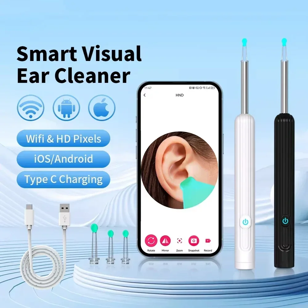 185--Smart Visual Ear Cleaner with Camera Ear Sticks USB C Charging Ear Wax Removal Tool WIFI Connection 6 LED Lights Earpick