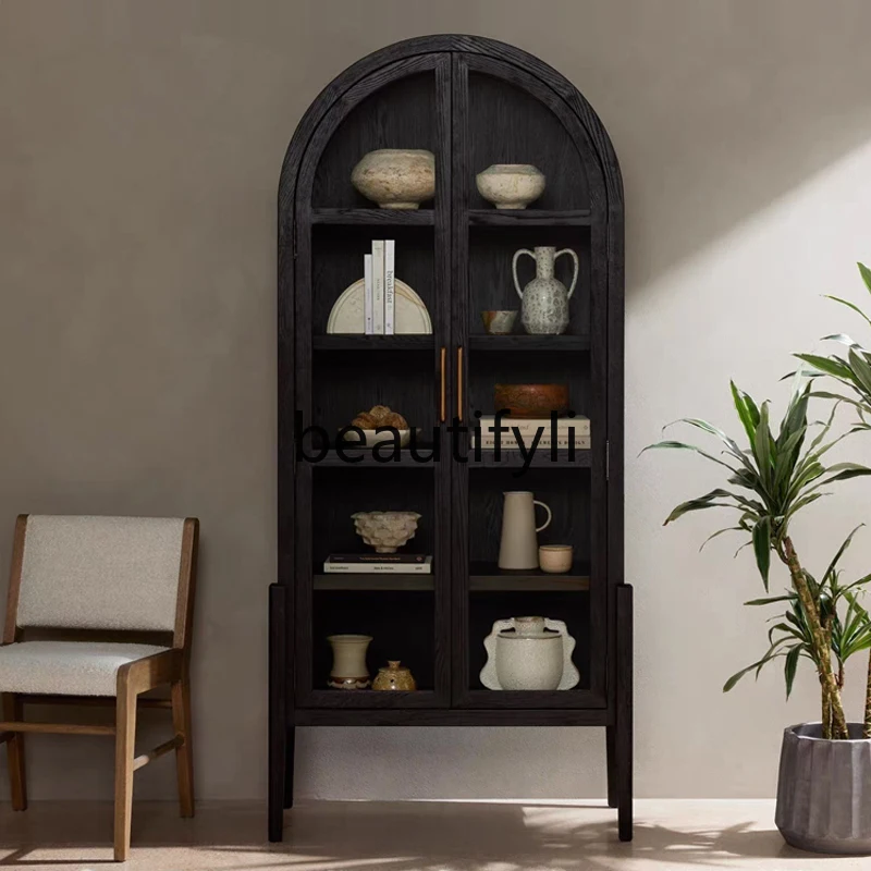 

American-style Light Luxury Solid Wood Bookcase High-end High-leg Arched Glass Living Room Wine Cabinet