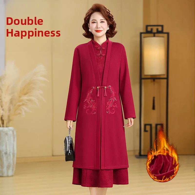 

Утепленный флисовый свадебный комплект для женщин среднего и старшего возраста, осенне-зимняя модная одежда в китайском стиле для женщин