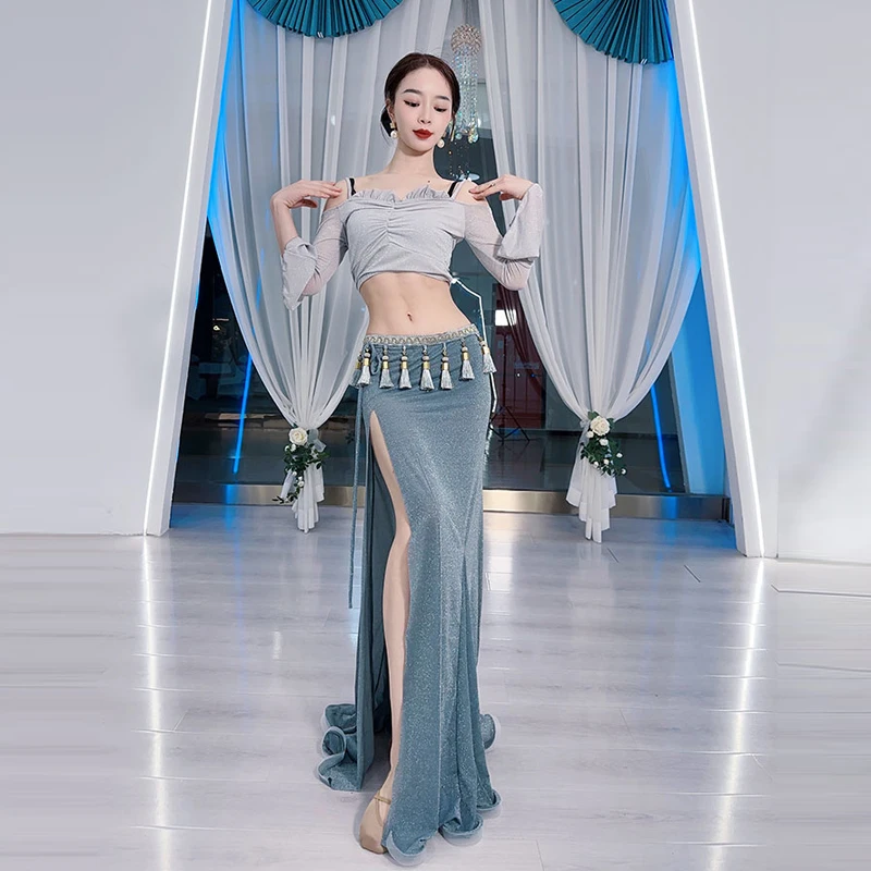 

Belly Dance Training Set Dance New Sexy Shiny Split Fishtail Skirt Performance 2-Piece Set Oriental Dance Skirt