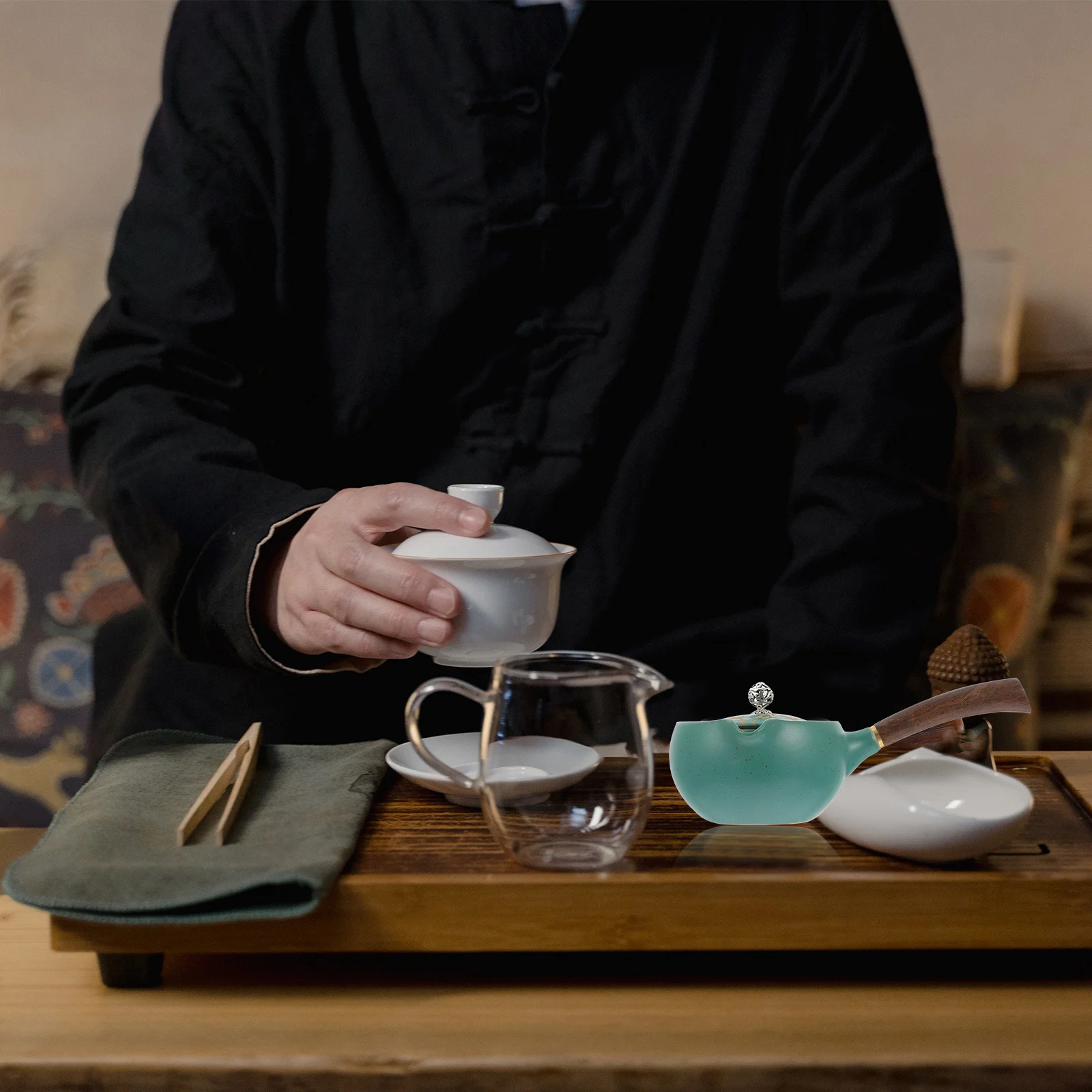 

1Pcs Small Green Ceramic Tea Kettle Household Teapot Retro Design Wooden Handle Easy to Fill and Clean