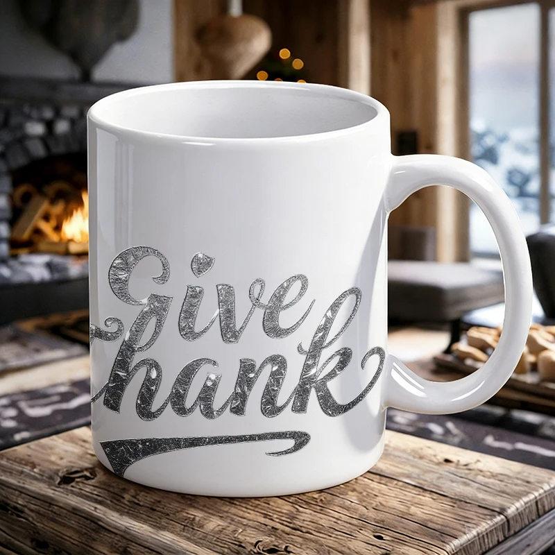 

Silver Foil Font 'Give Thanks' Ceramic Mug, Coffee Cup, Milk Cup, Office Tea Cup, Drinking Cup, Fade-Resistant, Gift for Friends