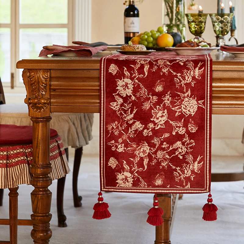 Tassel Table Runner Red Dining Table Runners with Cotton Linen Table Cloth for Home Hotel Wedding Tablecloth Decoration