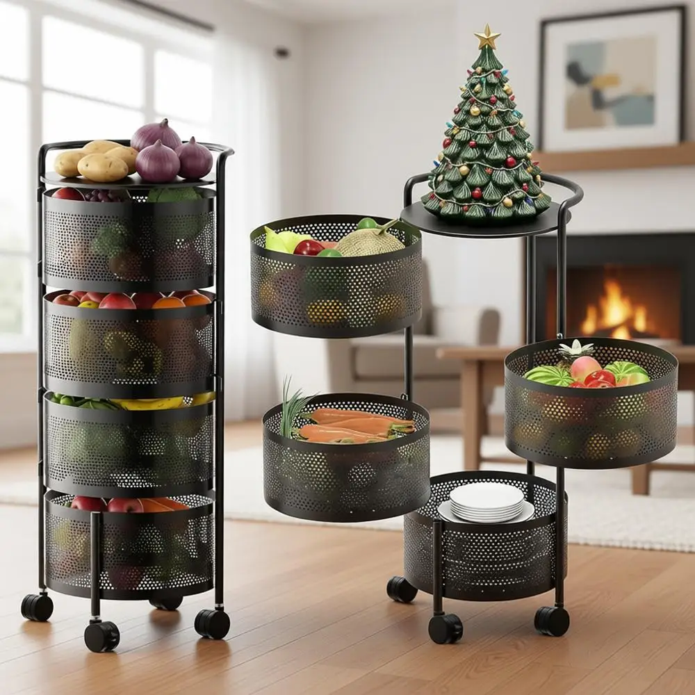 

4-уровневая металлическая тележка для хранения на кухне с колесиками и съемными корзинами для овощей и продуктов