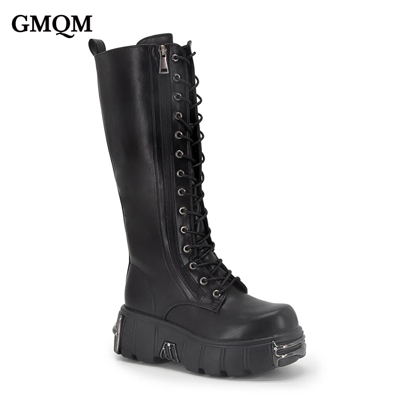 

GMQM Platform Fashion Women‘s The Knee Boots New Black Motorcycle Boots Lace-Up Knight's Boots Gothic Punk Style Mid-Calf Boots