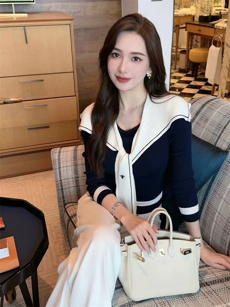 

Fashionable Color Block Neck Knitted Sweater Women's Autumn Winter Elegant Long Sleeve Top Stylish Commute Style Straight Cut