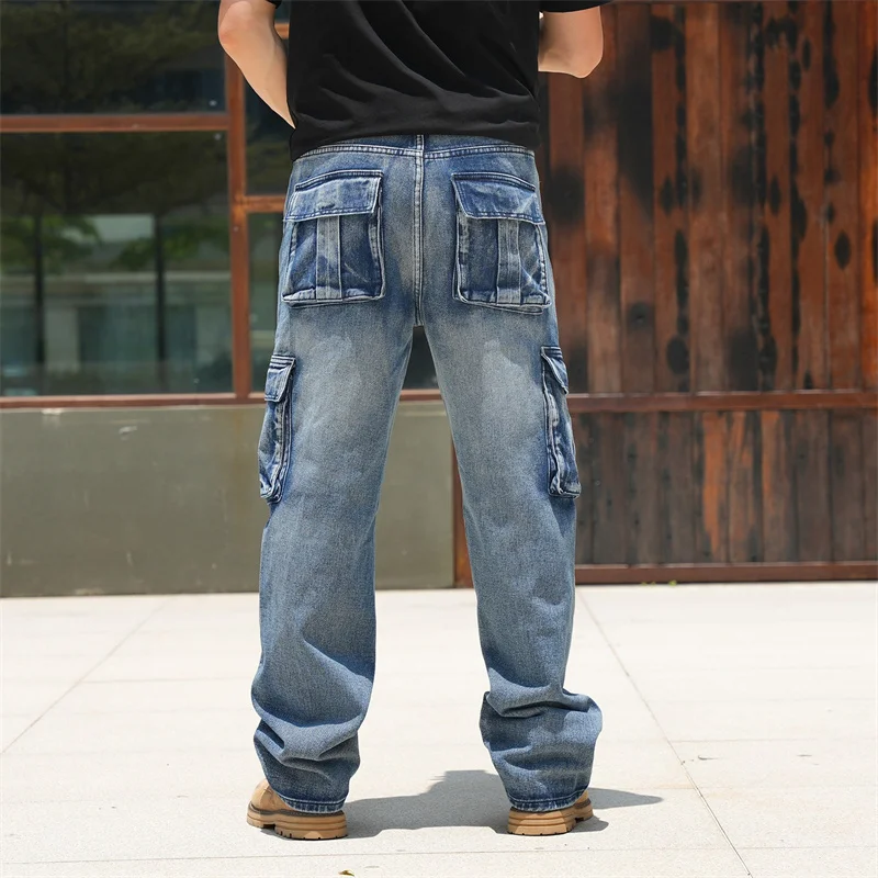 American Cargo Jeans Men Tall Guy Extra Long Loose wide Leg Plus Size 44 46 Multi Pockets Y2K Streetwear High Street Denim Pants