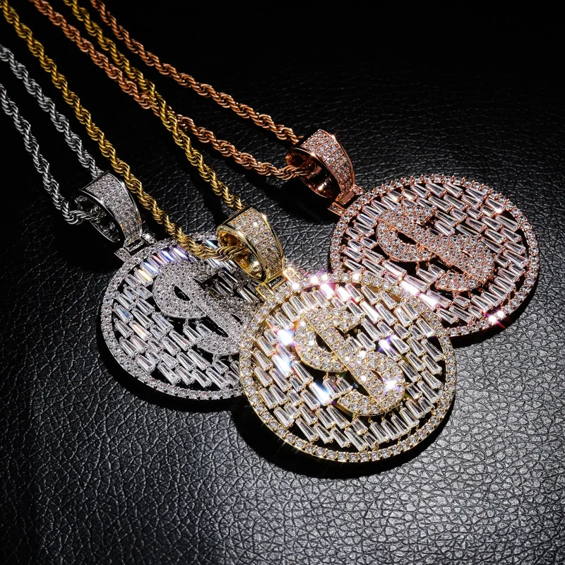 

AAA+ Cubic Zirconia Paved Bling Ice Out Gold Color Rose $ Dollars Round Pendants Necklaces for Men Women Hip Hop Rapper Jewelry