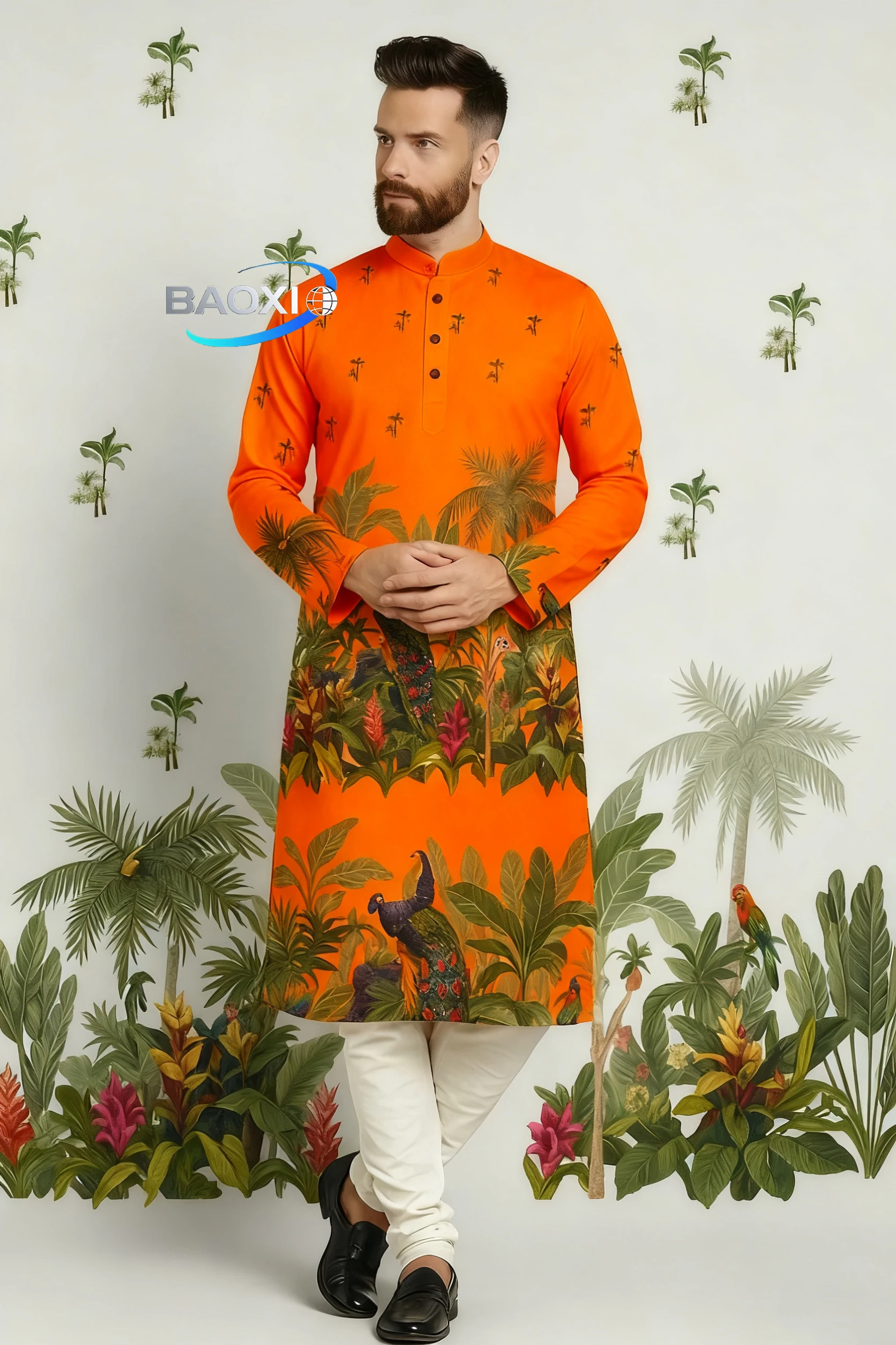 

Kurt men digital printed kurta vardha regular fit Mandarin collar long suitable All Occasions such wedding Hari Raya Aidilfitri.