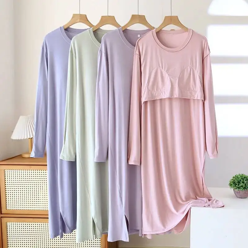 

Elastic Modal Long Sleeved Nightgown For Women Spring And Summer Thin Design Clothes With Chest Cushion Large Size Home Dress