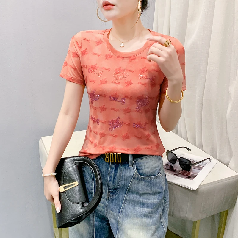 Black,Summer,Korean,Style,T-Shirt,Women,Chic,Sexy,O-Neck,Letter,Shiny,Diamonds,Tops,Short Sleeve,Casual,Drill,Tees,New,532505