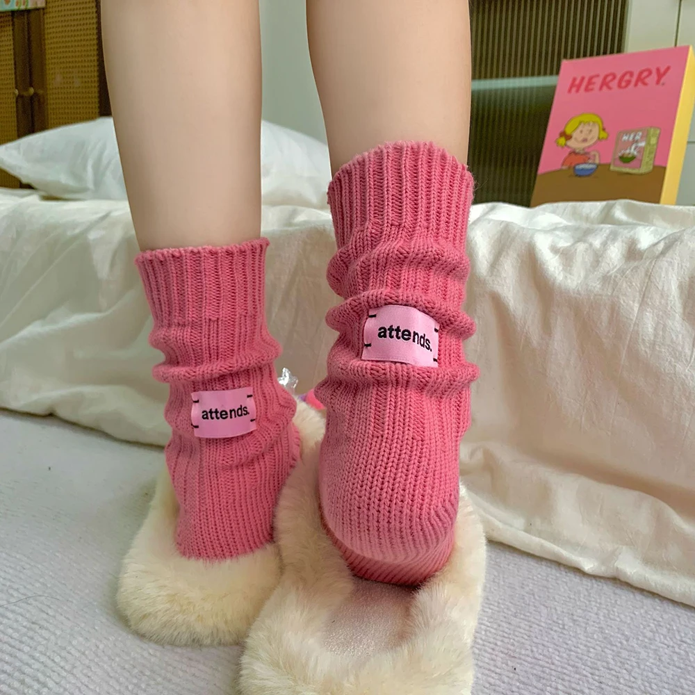 Korean Needle Thick Thread Knitted Middle Tube Socks Cotton Pink Label Couples Solid Color Socks Mid-tube Warm Home Slouch Socks