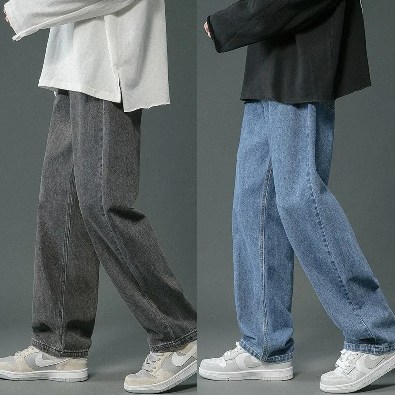 Men's Simple Jeans Spring Winter Loose Straight Wide Leg American Style Thin Draping Floor‑Length Casual Long Denim Trousers