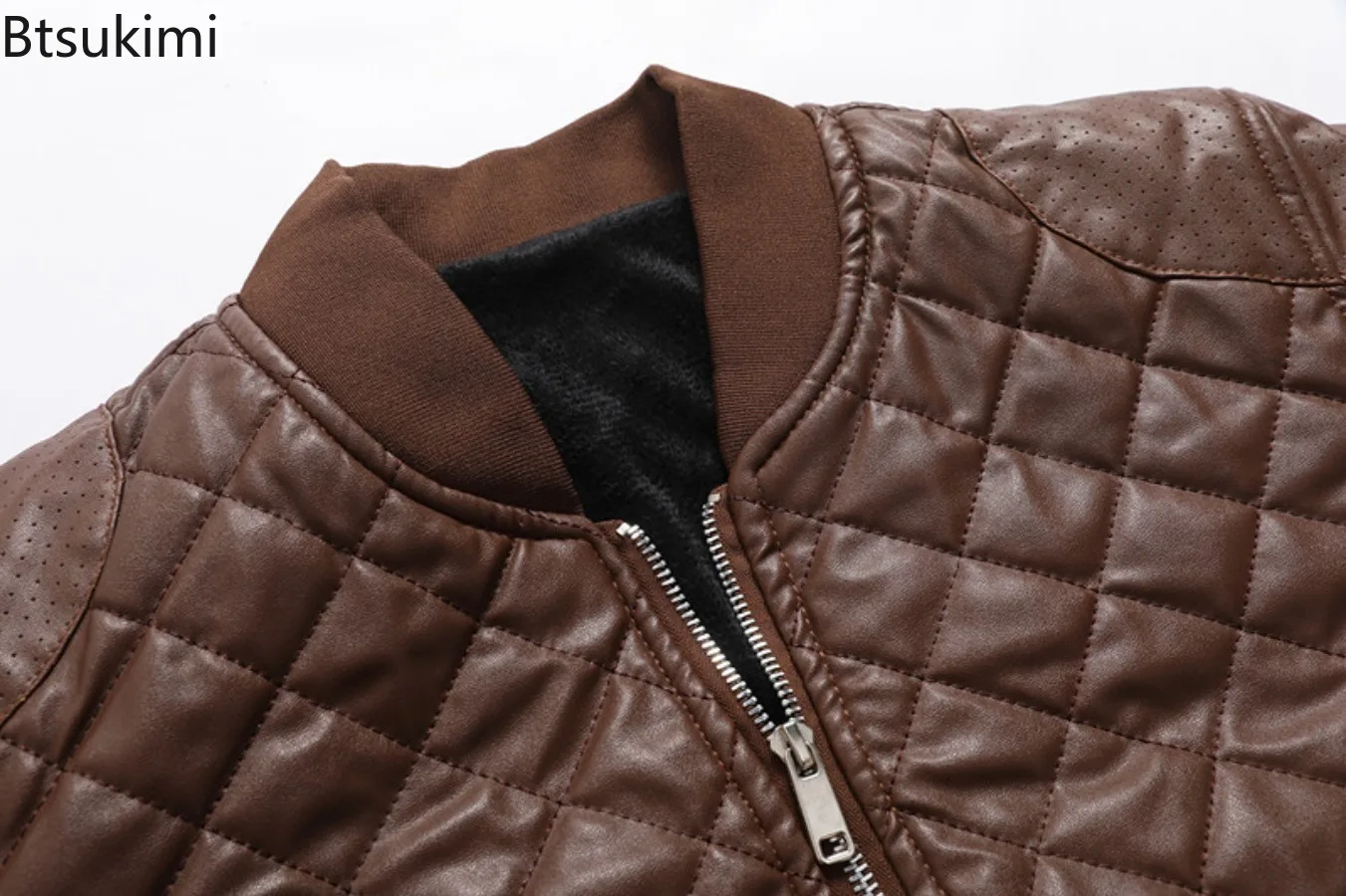 Men's Zipper Pocket Closure Hem Coats Autumn and Winter Casual Stand Collar Leather Jacket Machine Line Cotton Leather Jackets