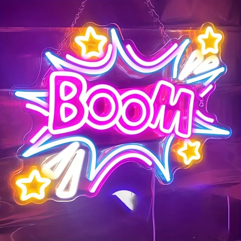 

Светодиодные неоновые светильники USB-питания «Boom» с звездами и комиксным дизайном – Яркие разноцветные настенные светильники для баров