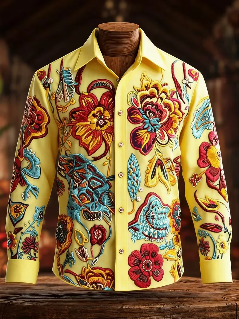 Fashionable Men's Shirt with Retro Baroque Grape Flower Pattern Long Sleeved Lapel Button Comfortable Soft Fabric Party Shirt