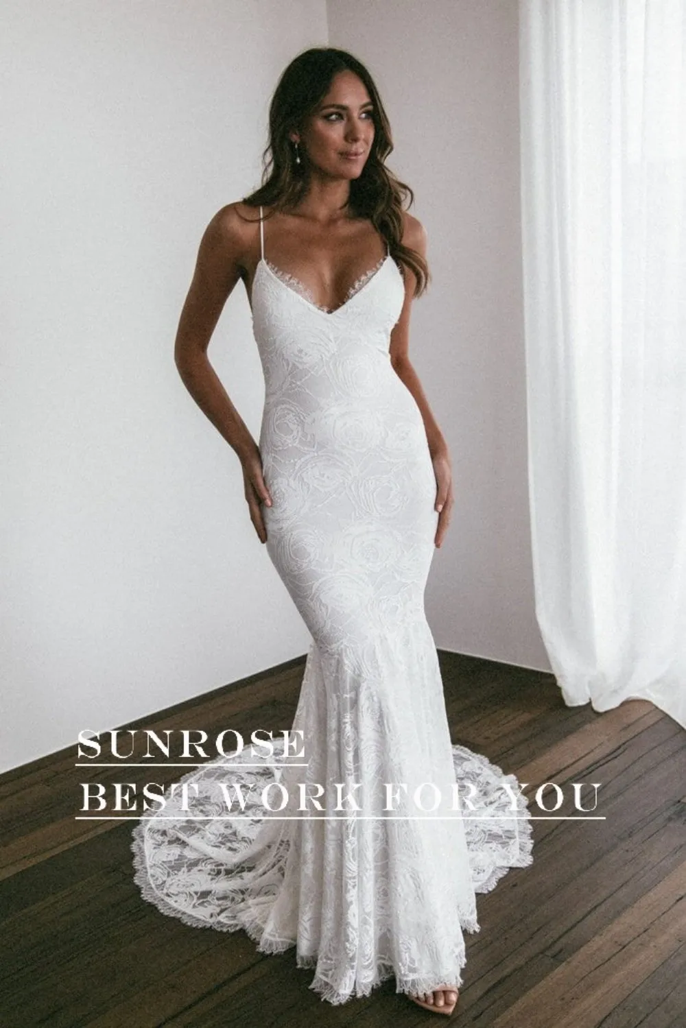 SUNROSE Rustic Boho Wedding Dresses Mermaid Spaghetti Straps Backless Lace Sexy Beach Bridal Gowns Garden Bride Dress Customized