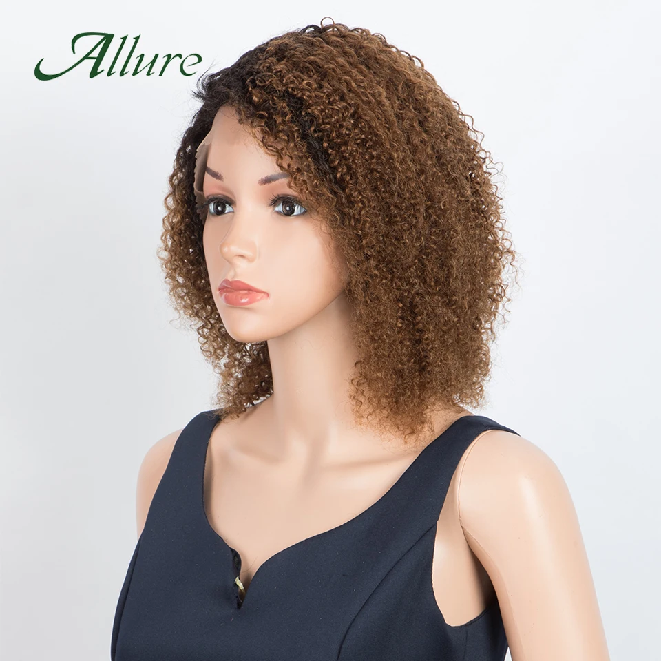 

Brazilian Jerry Curly Human Hair Lace Wigs For Women 12 inch Honey Brown Colored Hair Wig With Babyhair 180% Density Allure