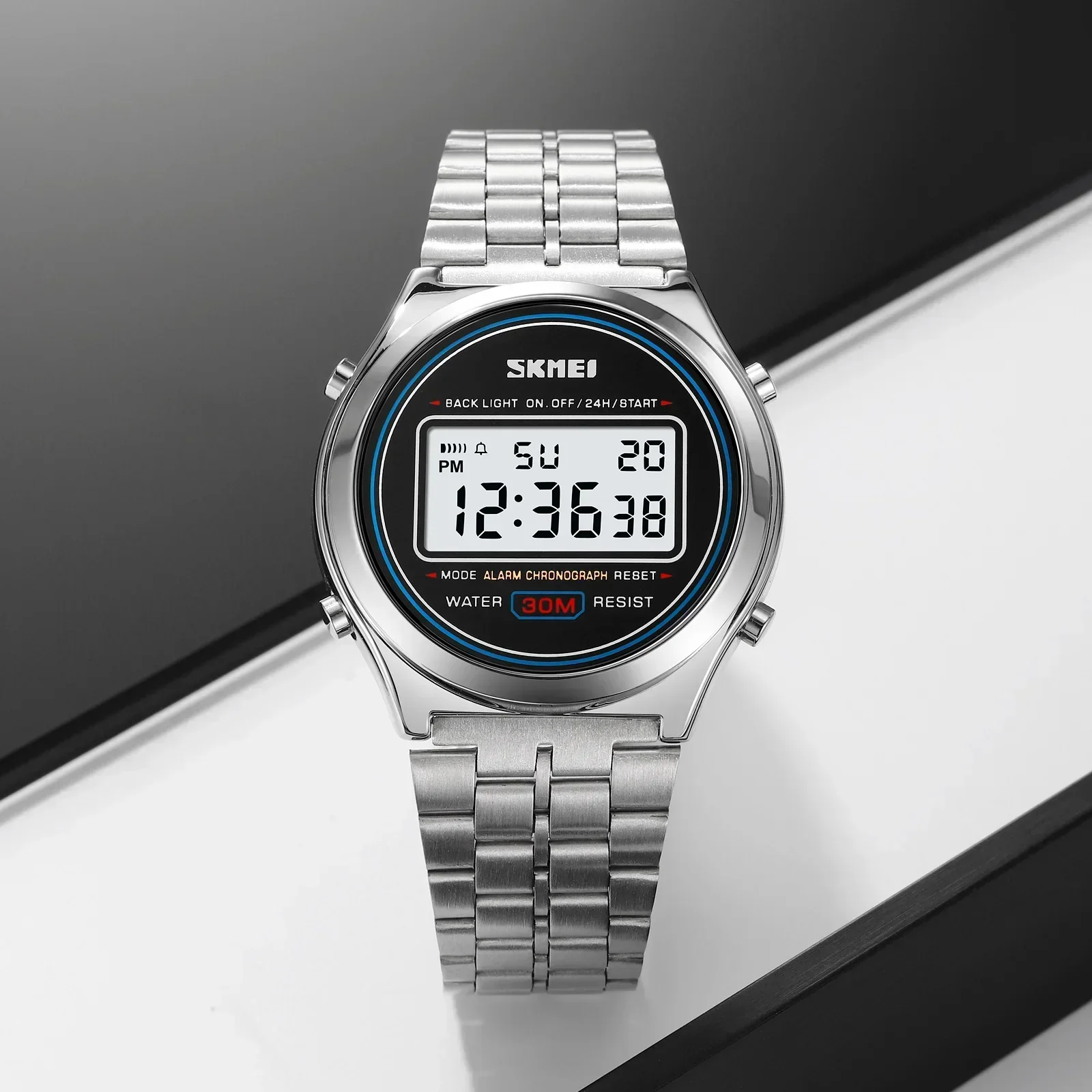 SKMEI-reloj deportivo Digital para hombre, cronómetro con pantalla de luz trasera, alarma de fecha, de acero inoxidable 2146, resistente al agua