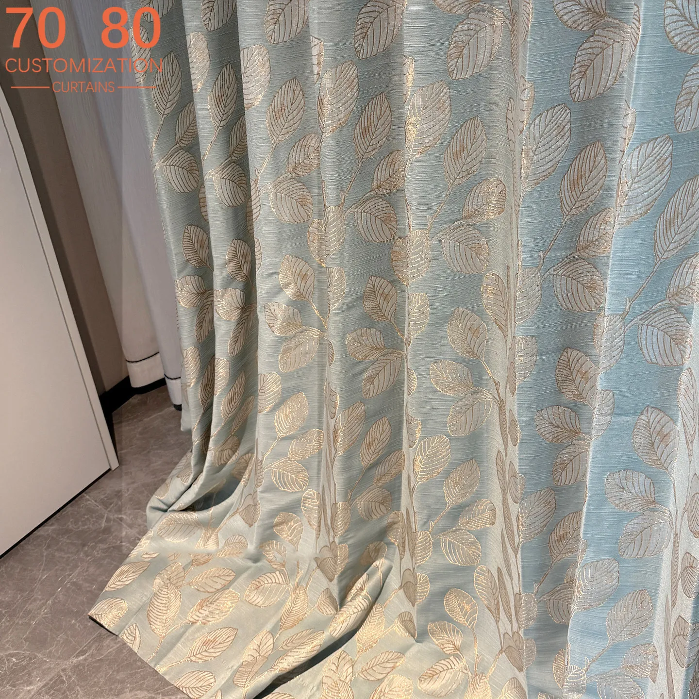 Gold Wire Jacquard Light Blue Leaf Shading Curtains for Bedroom Living Room French Window Partition Curtain Customized Villa