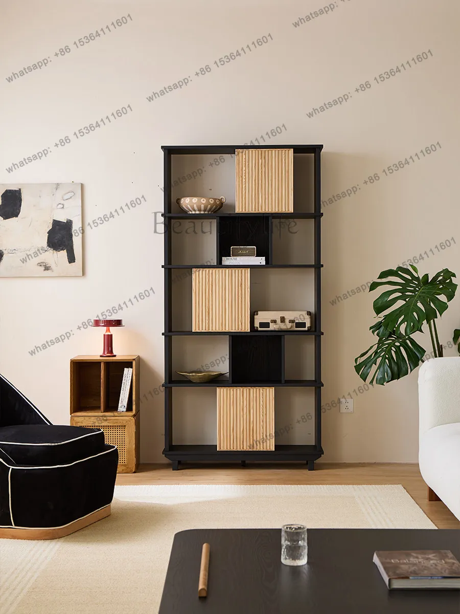 FG French Grid Bookcase Solid Wood Whole Wall Living Room Floor Combination Cabinet Black Ash Wood Shelf