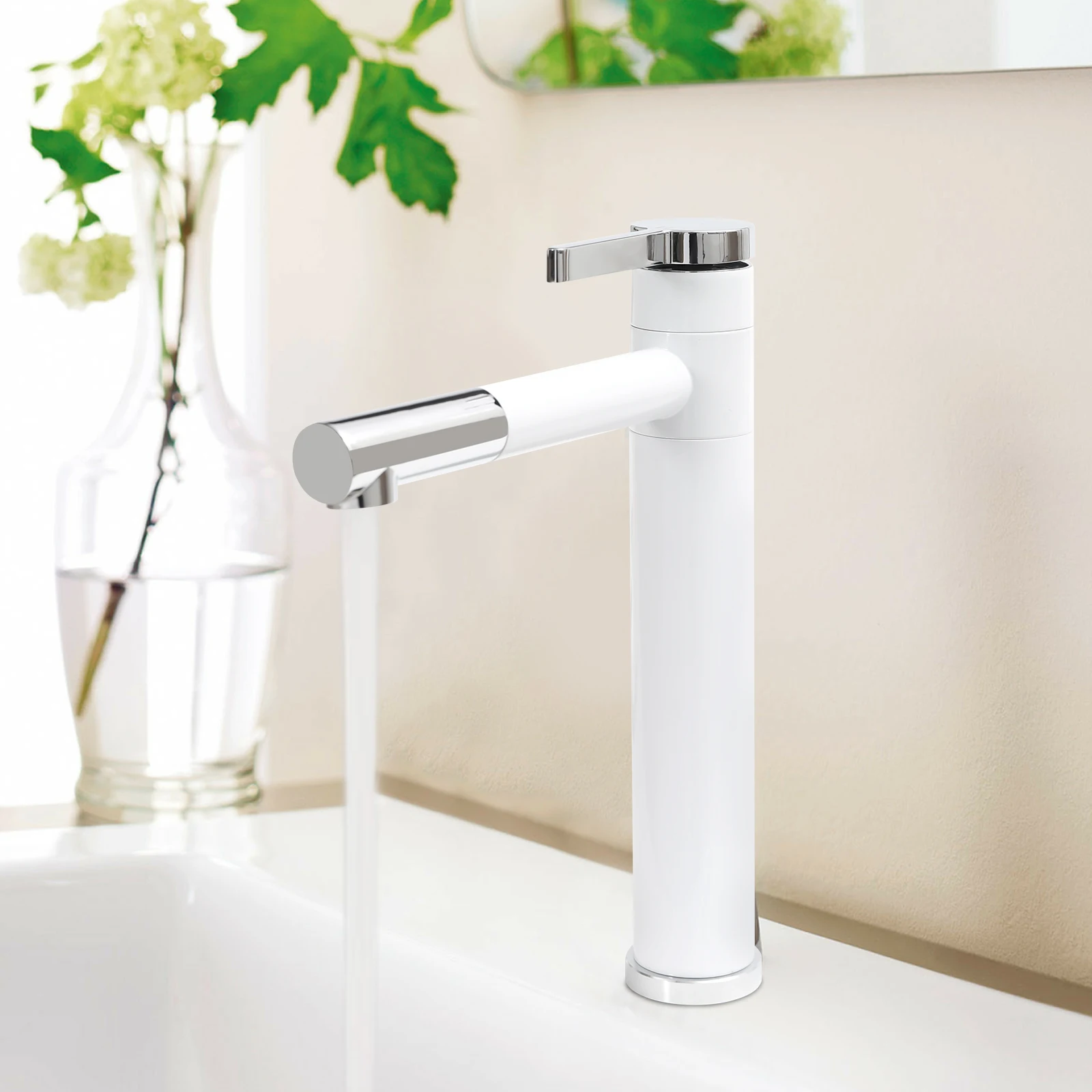 360° Rotatable Tap Bathroom High Washbasin Mixer Tap White Single Lever Mixer Tap for Bathroom Brass