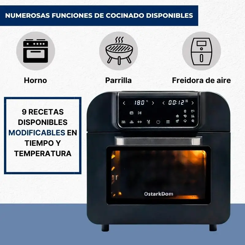 OstarkDom multifunctional touchscreen tabletop oven, Air Fryer, toaster, 1500W roaster, 16 litres capacity, 230 ° adjustable, timer up to 2 hours, 9 recipes available, accessories included