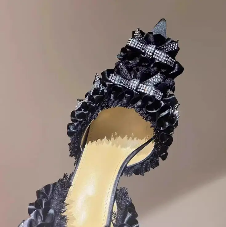 French Style Sweet Ruffles with Crystal Bowtie High Heels Lolita Pumps Pointed Toe Slingbacks Banquet Shoes Woman