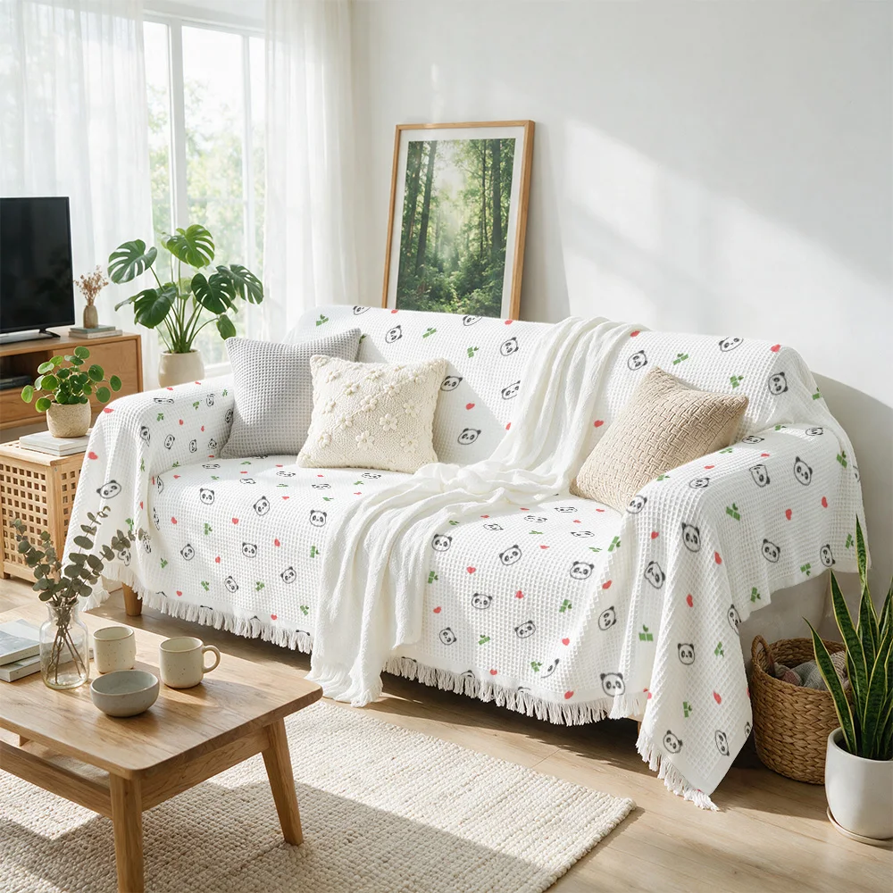 Cute Panda Pattern Sofa Throw Blanket for Living Room Couch Home Decor Cozy Decorative Knit Styling Accent Cover