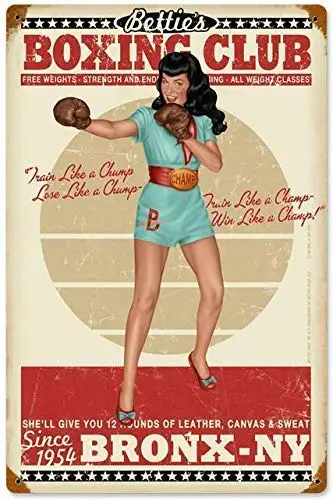 Retro Vintage Metal Plaque Sign Pin Up Girl Boxing Club Man Cave Tin Sign for Home Bar Kitchen Pub Wall Decor Signs 12x8inch