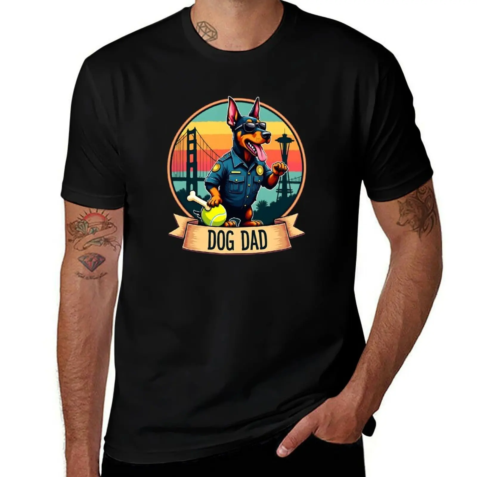 

Doberman Police, high five, sunglass, Paws, Tongue, Tennis ball, Dog bone, Dog Dad, Retro Sunset, Shield with Ribbon, To T-Shirt