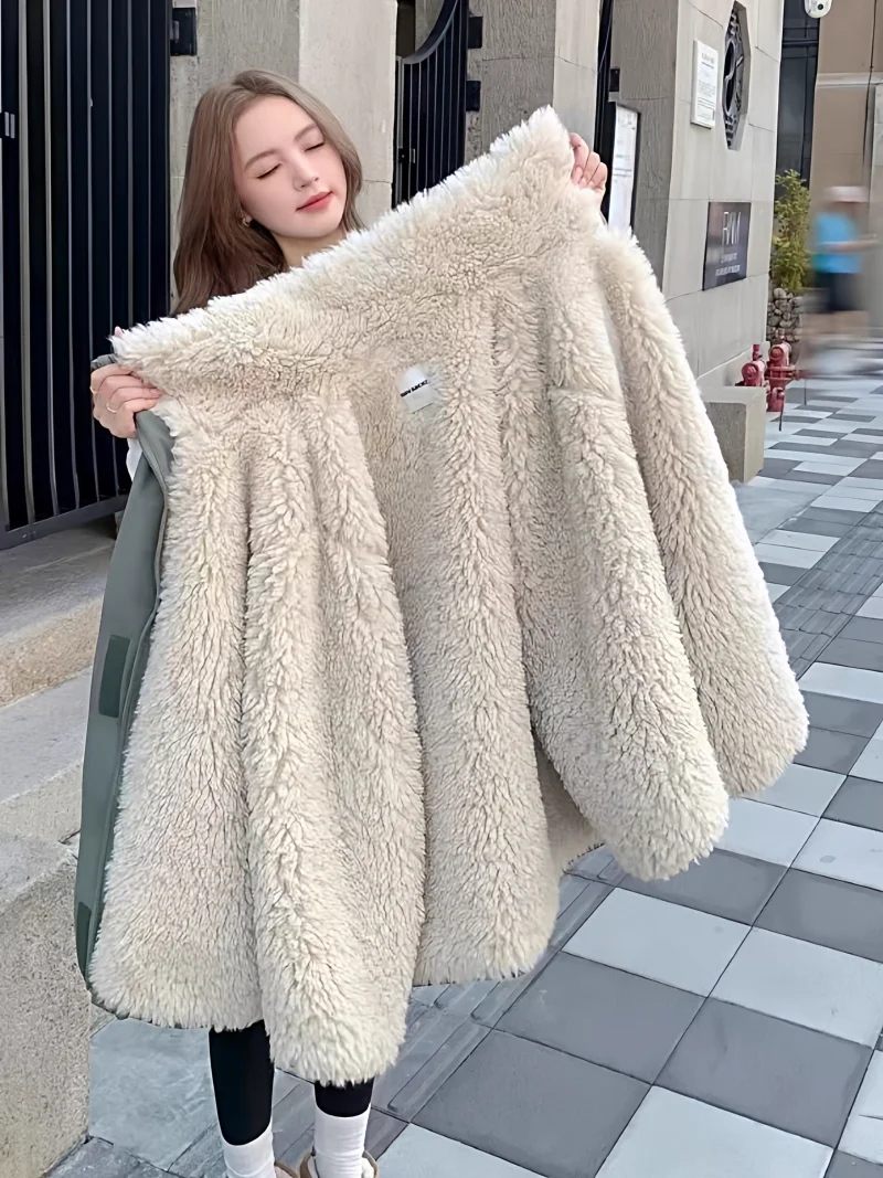 Lamb Fur Inner Lining Down Cotton Jacket For Women's Winter New Style Warmth Thick Coat Windbreaker Outerwear W1183
