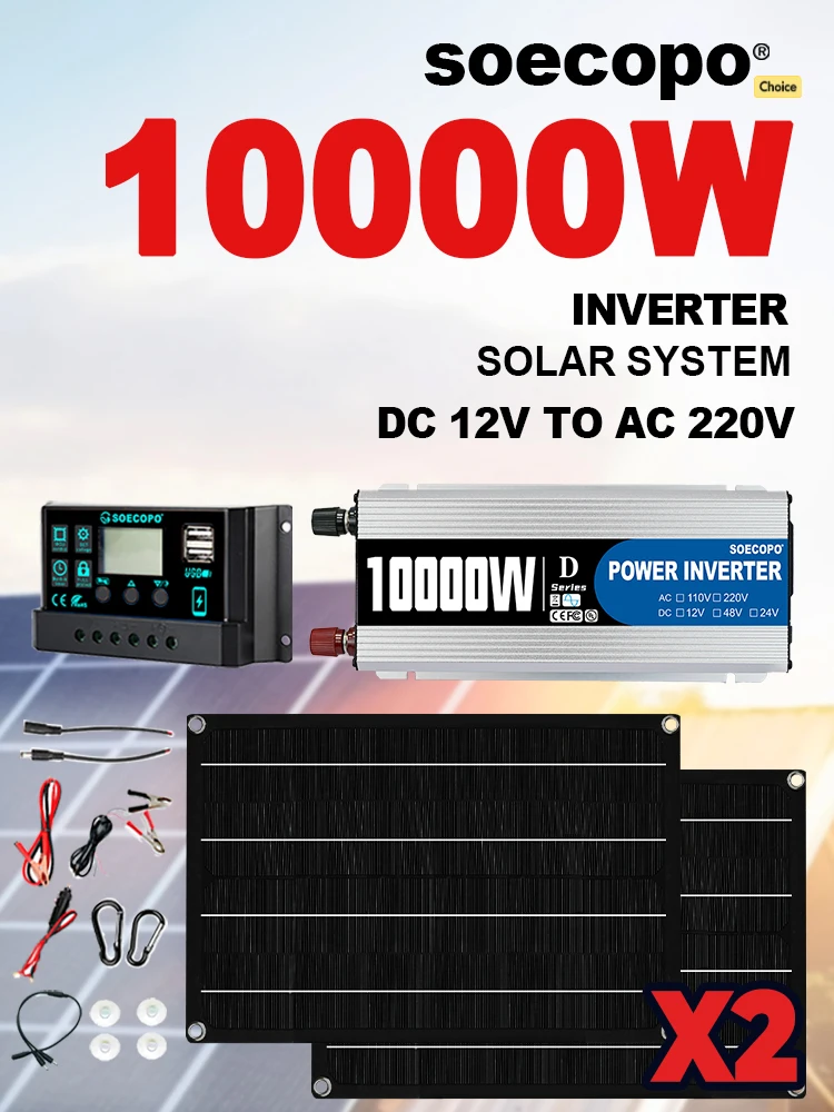 SOECOPO 10000W Kit de système solaire 2 × 600W panneaux solaires DC 12V à AC 110V/220V onduleur USB 5V et 100A contrôleur maison et Camping