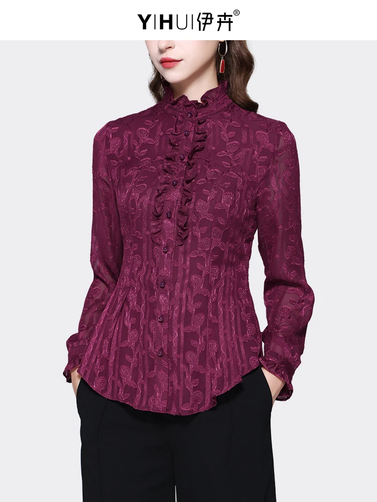 2024 Spring New Women Wine Red Floral Chiffon Blouse Long Sleeve Stand Collar Slim Fit Button-down Shirts Vintage Casual Tops