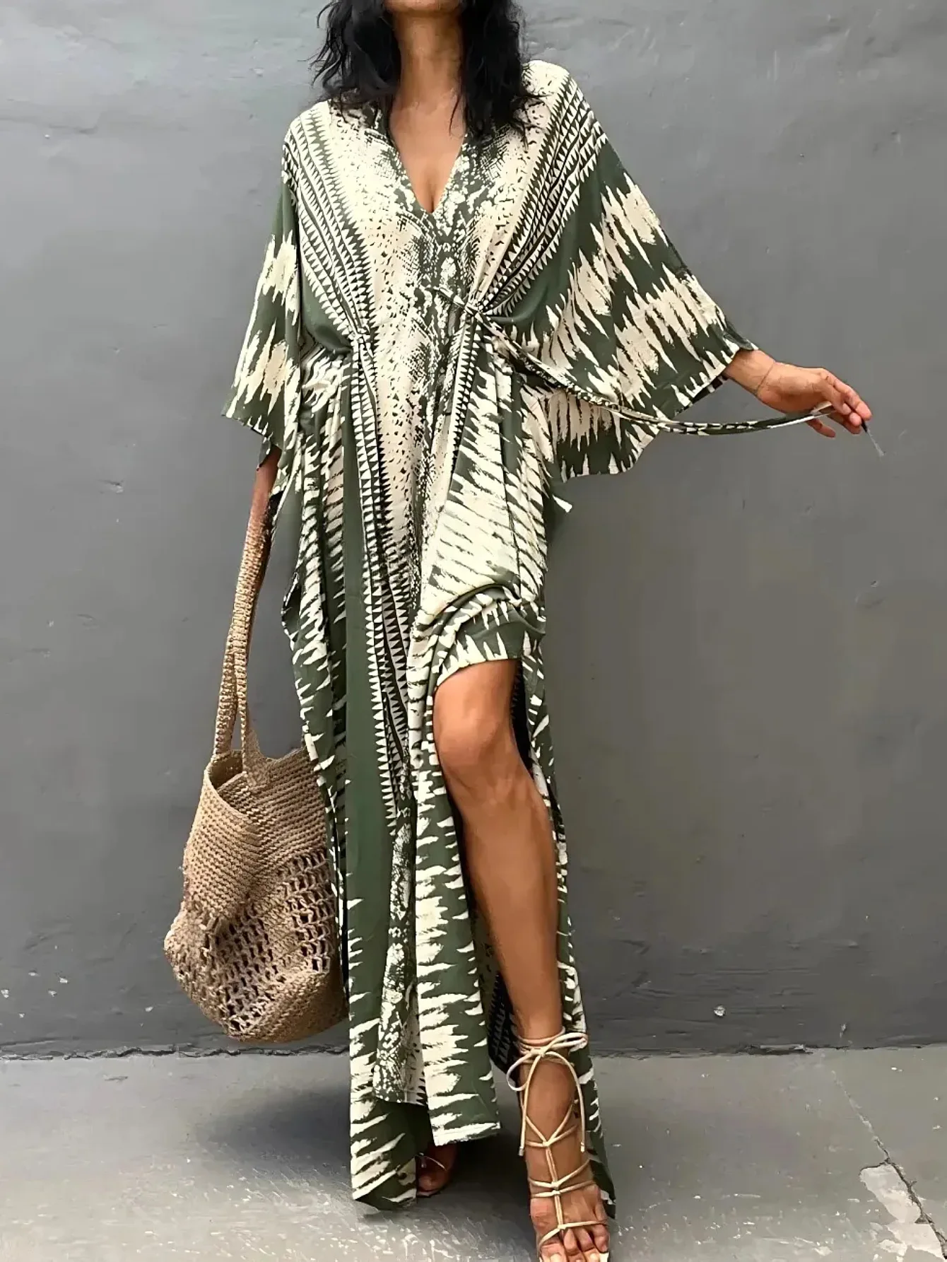 

Beach Dresses Tie Dye Printed Kaftans for Women Drawstring Swimsuit Cover Ups Summer Vacation Bathing Suits Factory Supply