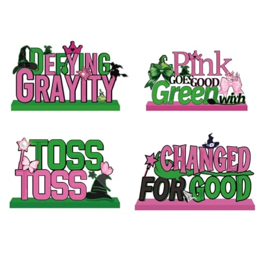 4PCS Wooden Wicked Party Decorations Pink and Green Table Centerpiece for Birthday Halloween Christmas Parties Perfect for Wick